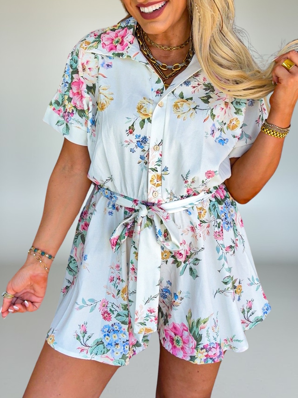Haptics~Floral Button-Front Tie-Waist Romper in White Multi